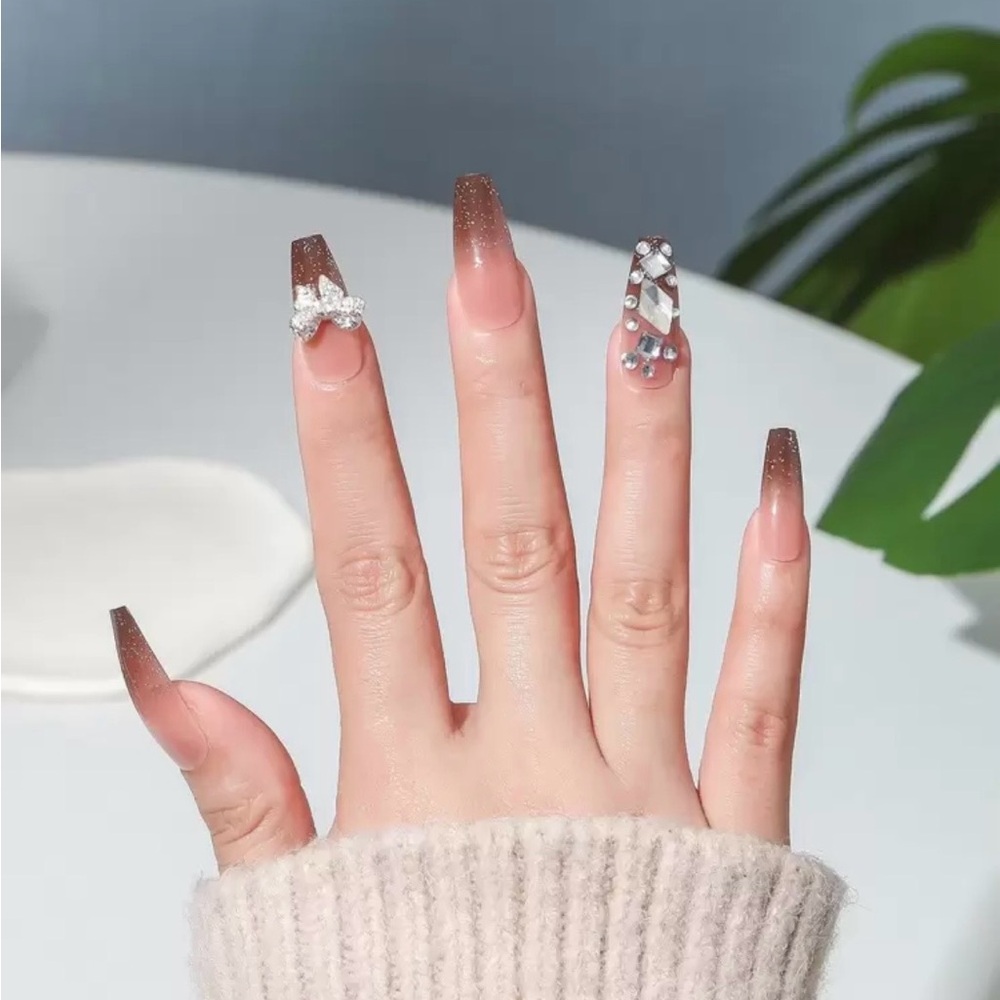 Brown Ombré Crystal Press On Nails